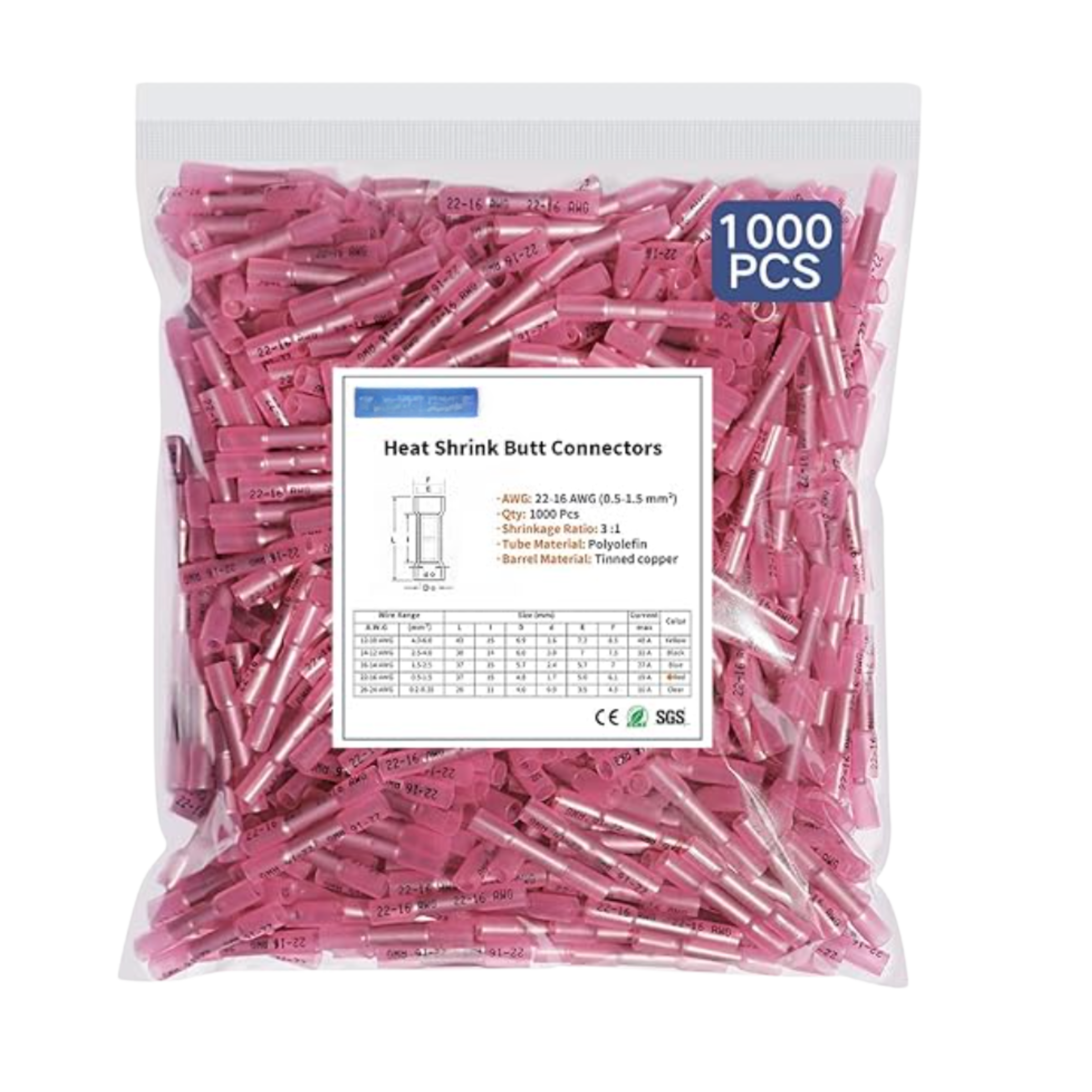 22-16AWG Heat Shrink Butt Connectors (1000)